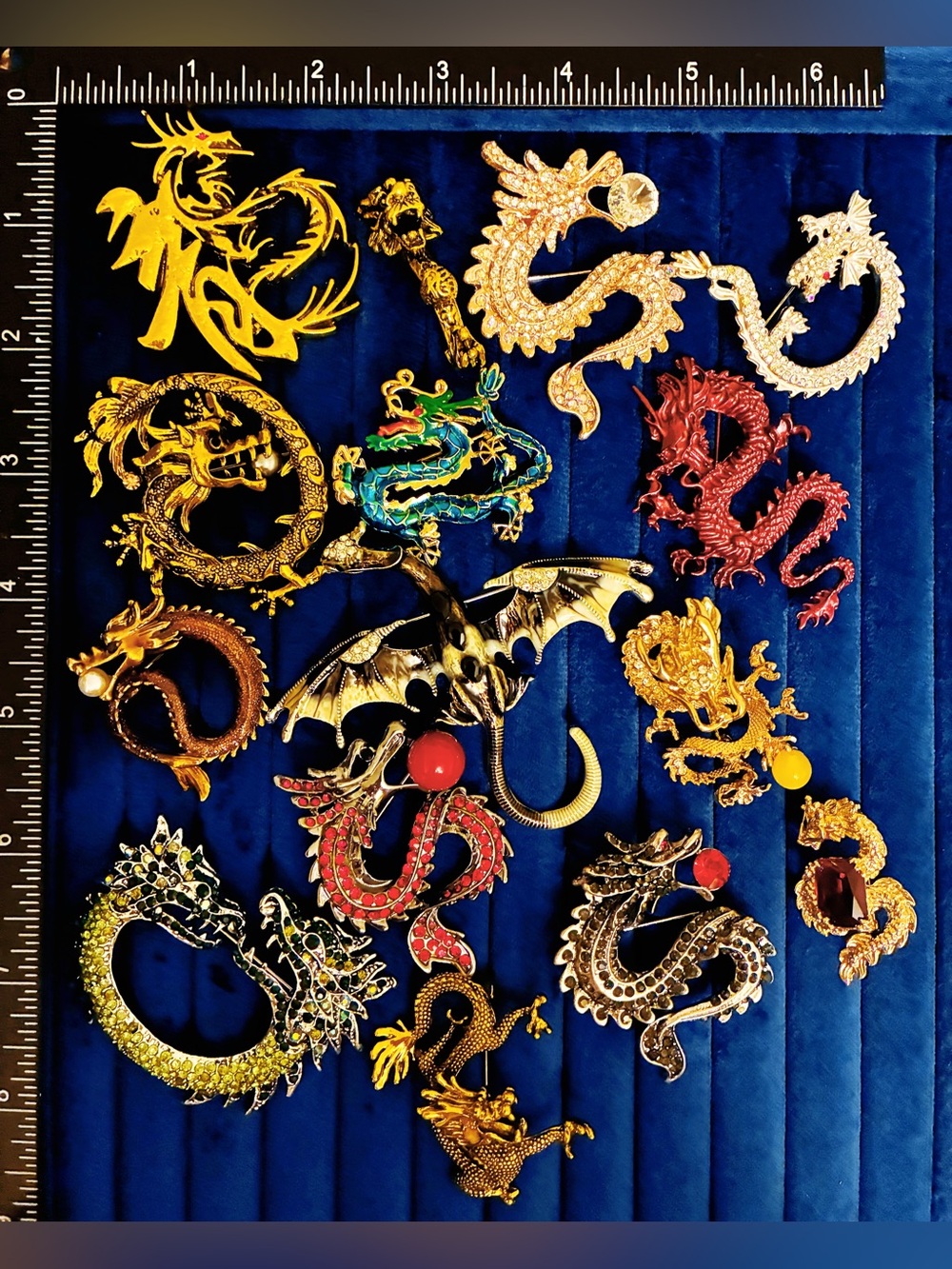 Lot 15 Dragon Brooch Pins Rhinestone Enamel Gold Tone Fantasy Dragon Collection